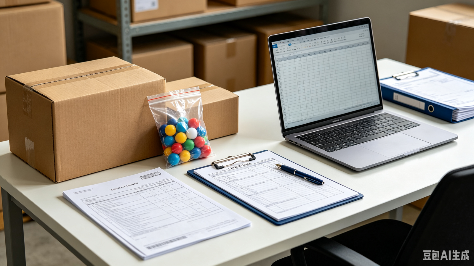 Illustrative pre-shipment inspection desk with paintball cartons, sample bags, packing list, and batch label review for importers.