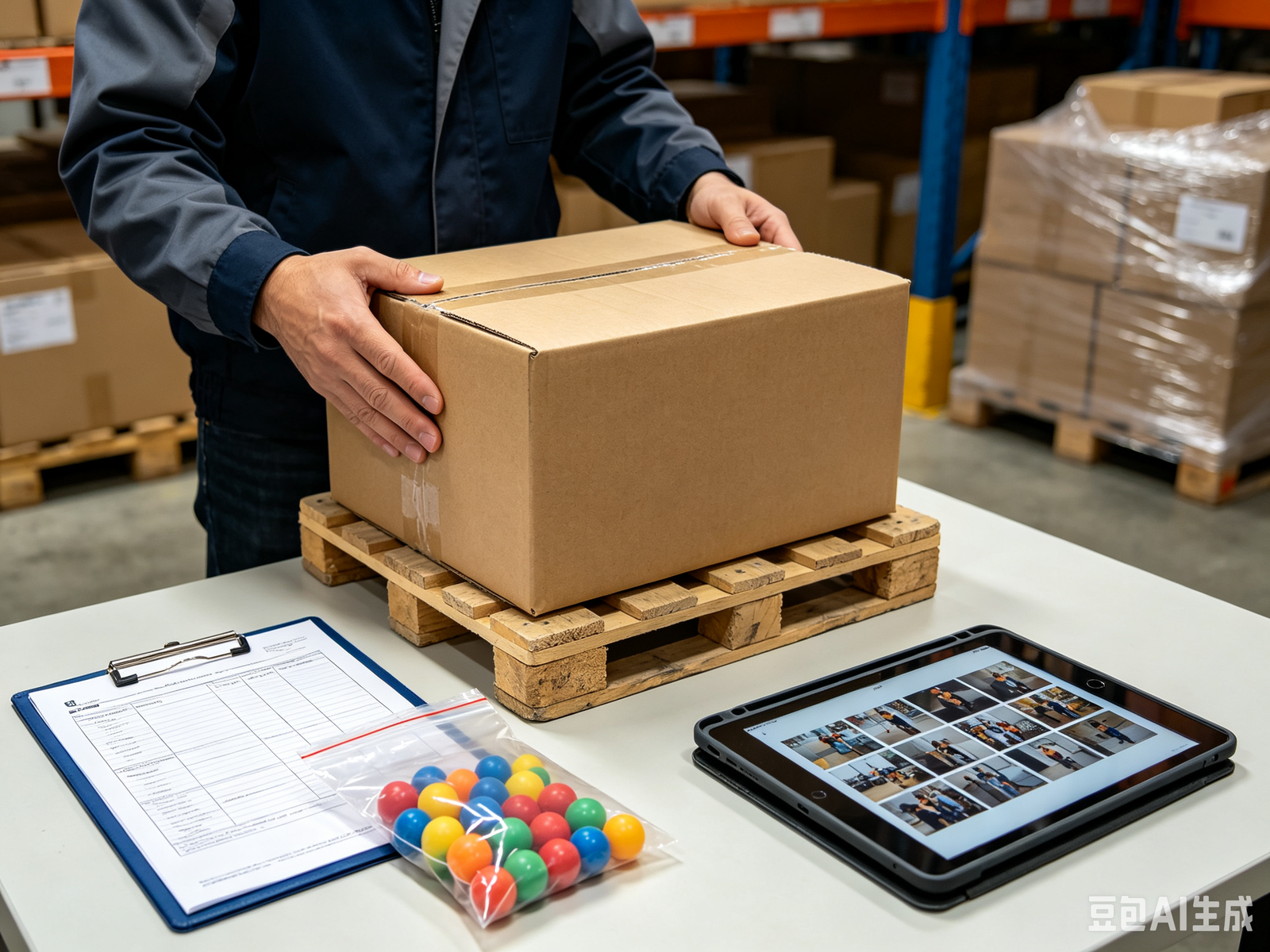 Illustrative paintball pre-shipment inspection process with cartons, sample bags, pallet wrapping, and order-specific photo review.