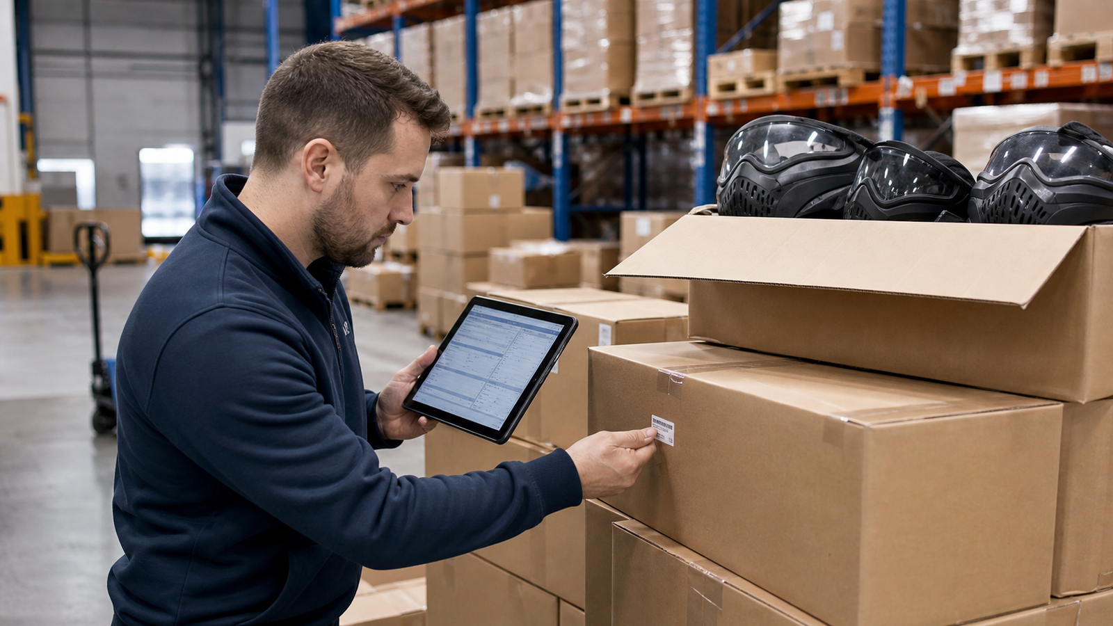 Importer checking a batch code on neutral paintball cartons against a warehouse receiving record.