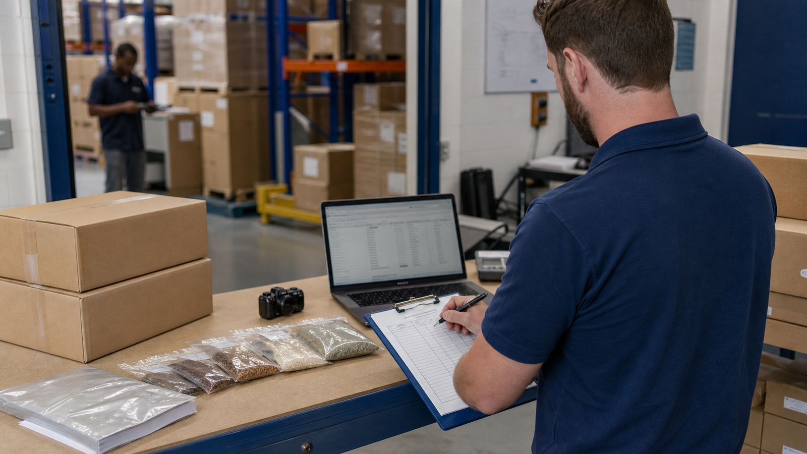 Distributor team documenting carton condition and receiving notes for a paintball shipment.