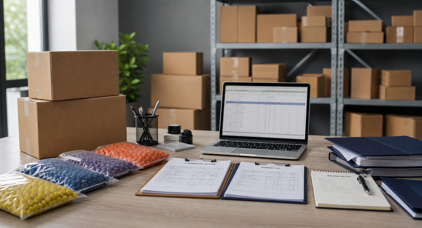 Illustrative paintball import document review desk with cartons, packing list, broker notes, and sample bags for distributors.