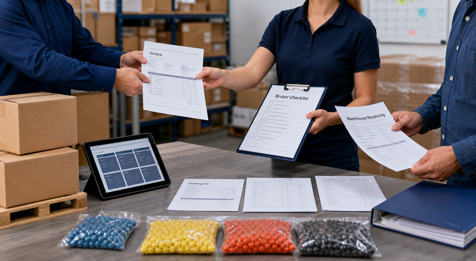Illustrative paintball import document handoff process with invoice, packing list, broker checklist, cartons, and warehouse receiving sheet.