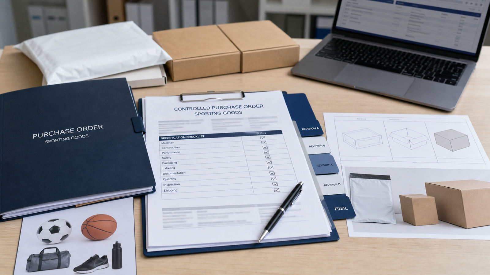 Sourcing manager reviewing a paintball purchase order package with specifications and packaging references.