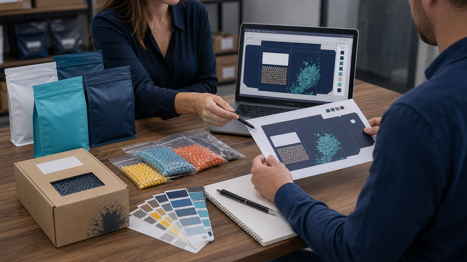 Brand owner reviewing private-label paintball artwork files and packaging proof notes on a design desk.