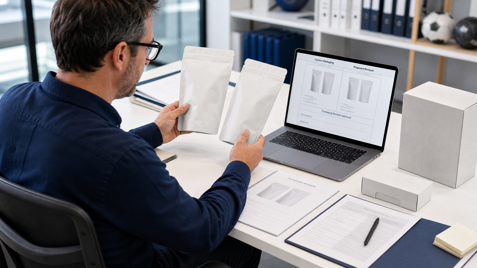 Buyer reviewing current and proposed private-label paintball packaging revisions at a procurement desk.